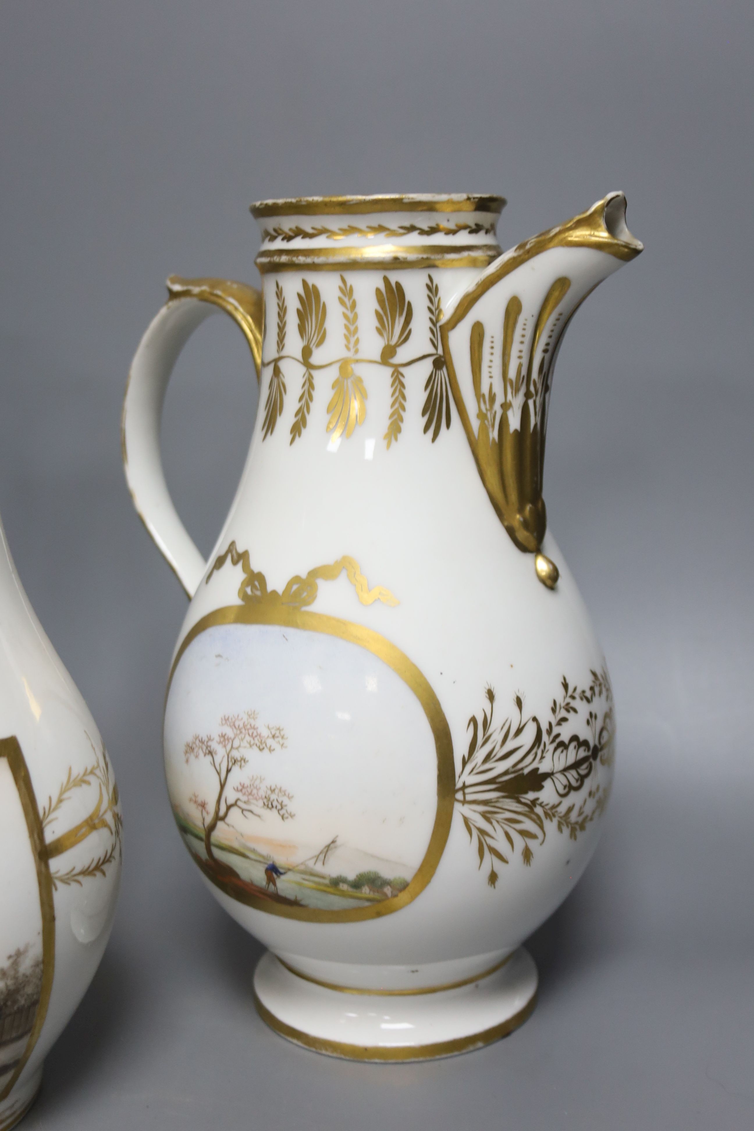 Three 19th century French gilt painted porcelain coffee pots, two without covers, tallest 28cm